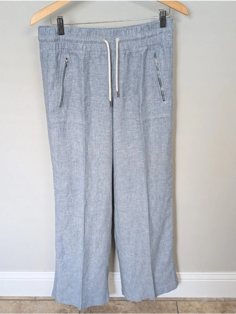 Athleta Pants Womens 6 Blue Cabo Linen Pleated Wide Leg Drawstring Casual Travel